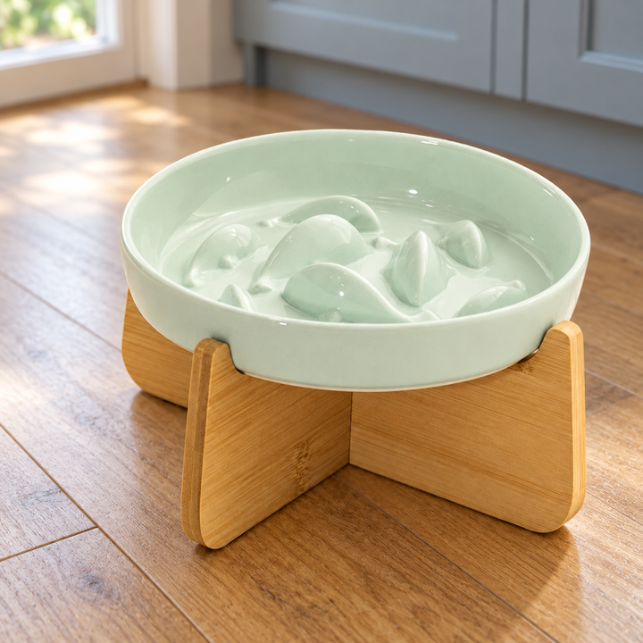 Light green ceramic slow-feeder bowl with raised rounded islands on its bamboo cross stand, in a natural home dining corner.