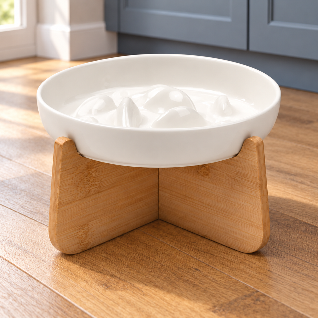 White ceramic slow-feeder bowl with raised rounded islands on its bamboo cross stand, in a natural home dining corner.