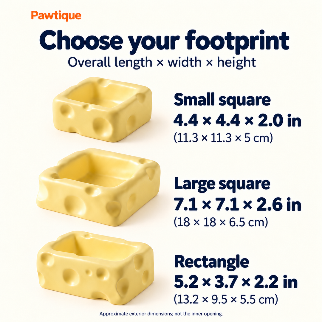 Cheese ceramic bowl approximate exterior dimensions: Small Square 4.4 by 4.4 by 2.0 inches; Large Square 7.1 by 7.1 by 2.6; Rectangle 5.2 by 3.7 by 2.2. Original centimeter sizes retained; not inner opening.
