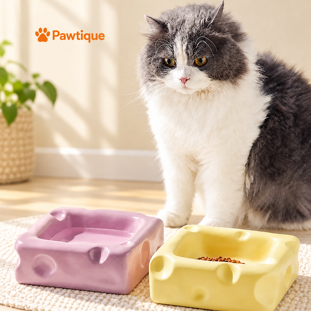 Cat beside yellow and purple cheese-shaped ceramic feeding bowls