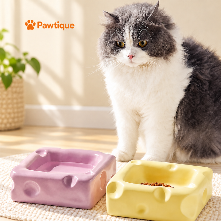 Cat beside yellow and purple cheese-shaped ceramic feeding bowls