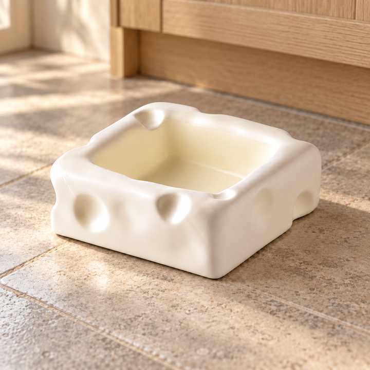 White large square cheese-shaped ceramic pet bowl on a natural stone kitchen floor.