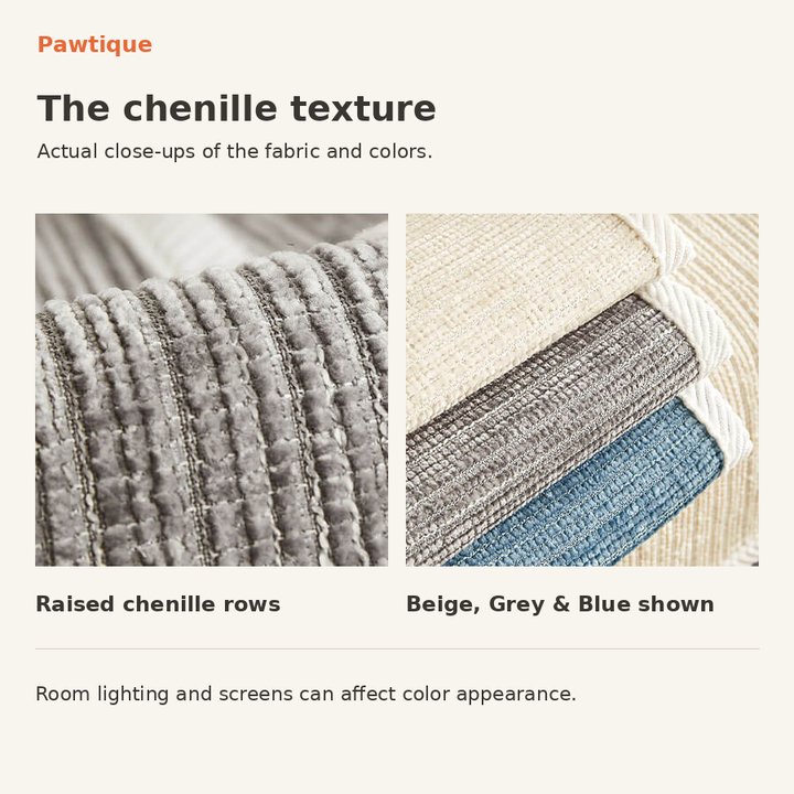 Authentic chenille fabric close-ups and Beige, Grey and Blue panel colors