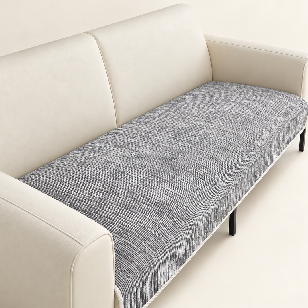 Grey chenille single seat panel shown on a cream sofa; size and coverage vary with the selected dimensions.