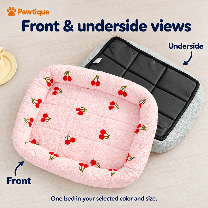 Front and underside views of Cherry Print Pet Bed color options; one bed in the selected color and size