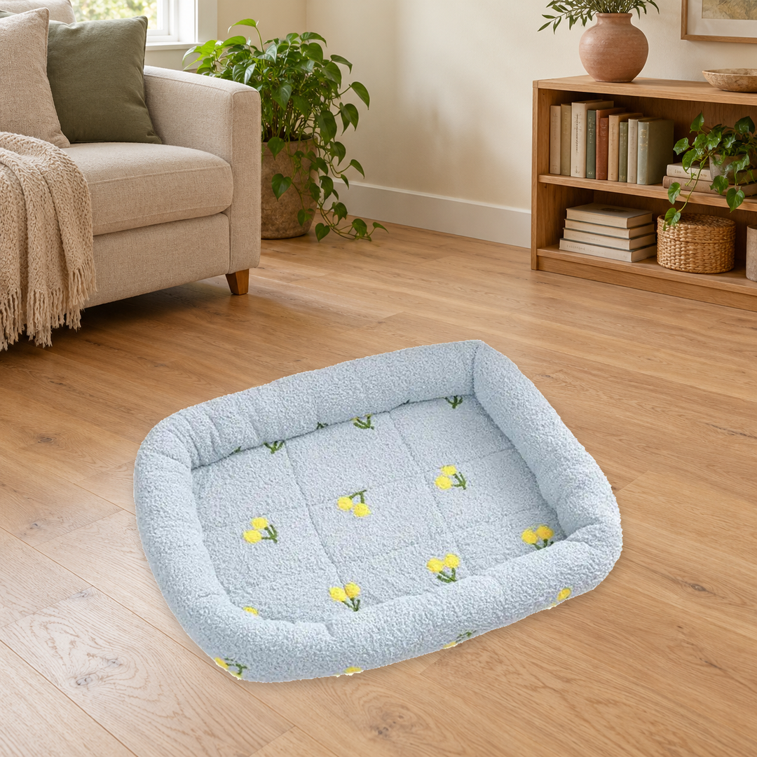 Grey Cherry Print pet bed with yellow cherries, quilted center and low raised edges