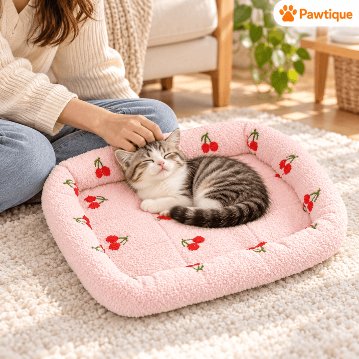 Owner petting a curled cat in the Pink Cherry Print pet bed