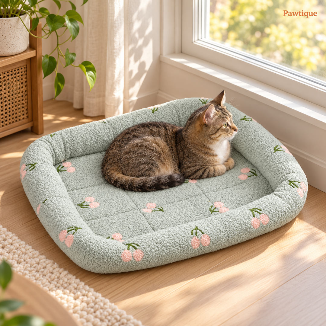 A tabby cat resting in the green cherry-print pet bed beside a closed indoor window