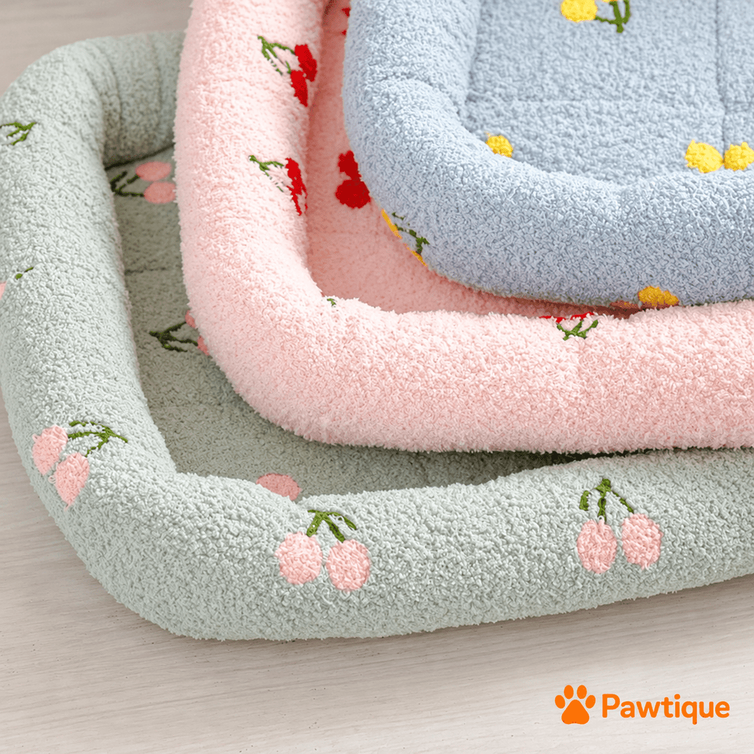 Close view of the three Cherry Print fabrics and their padded edges