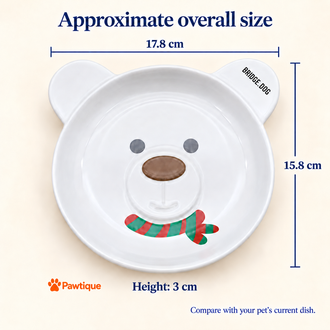 Approximate overall Christmas Bear bowl dimensions: 17.8 cm wide, 15.8 cm front to back and 3 cm high.