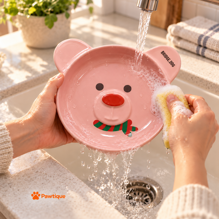 The pink BRIDGE.DOG Christmas Bear ceramic bowl being hand-washed with soap and water.