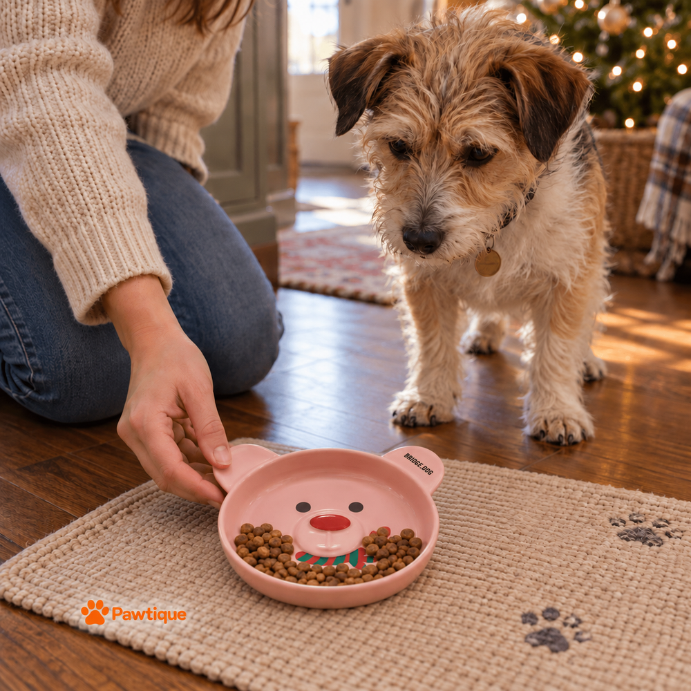 An owner sets down the pink BRIDGE.DOG Christmas Bear ceramic bowl for a waiting dog; food and styling props are not included.