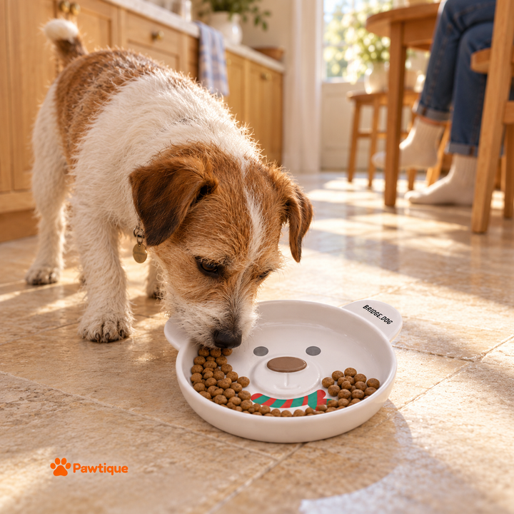 A dog eats kibble from the white BRIDGE.DOG Christmas Bear bowl on a level kitchen floor; food is not included.