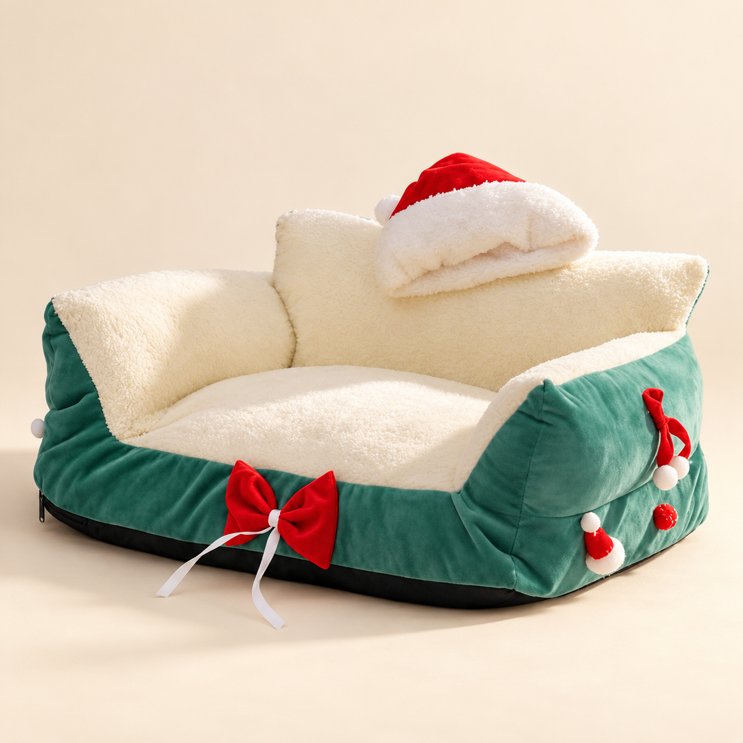Green Christmas bow pet sofa bed with white plush seat on a cream background