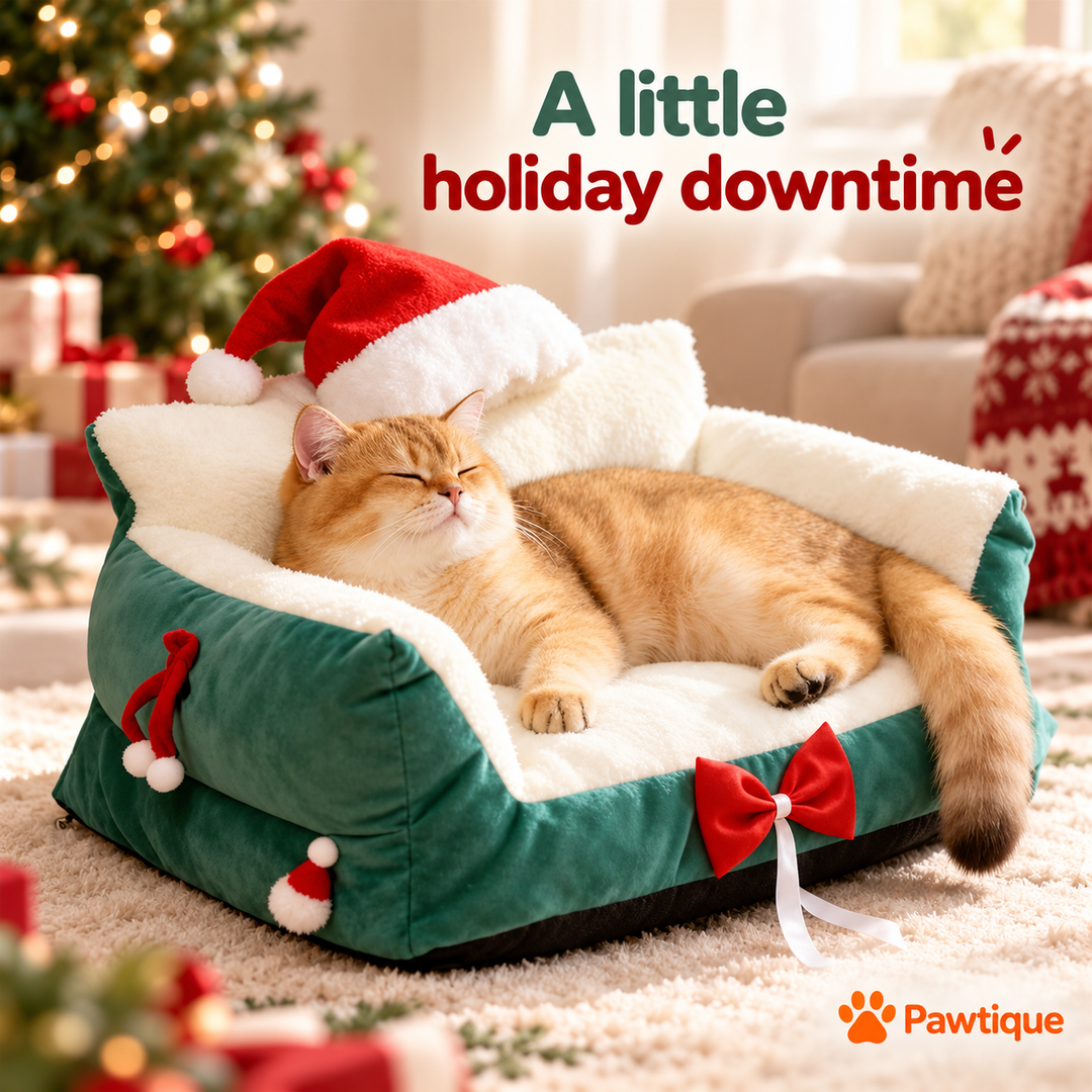 Cat resting in the green Christmas sofa bed in a festive room