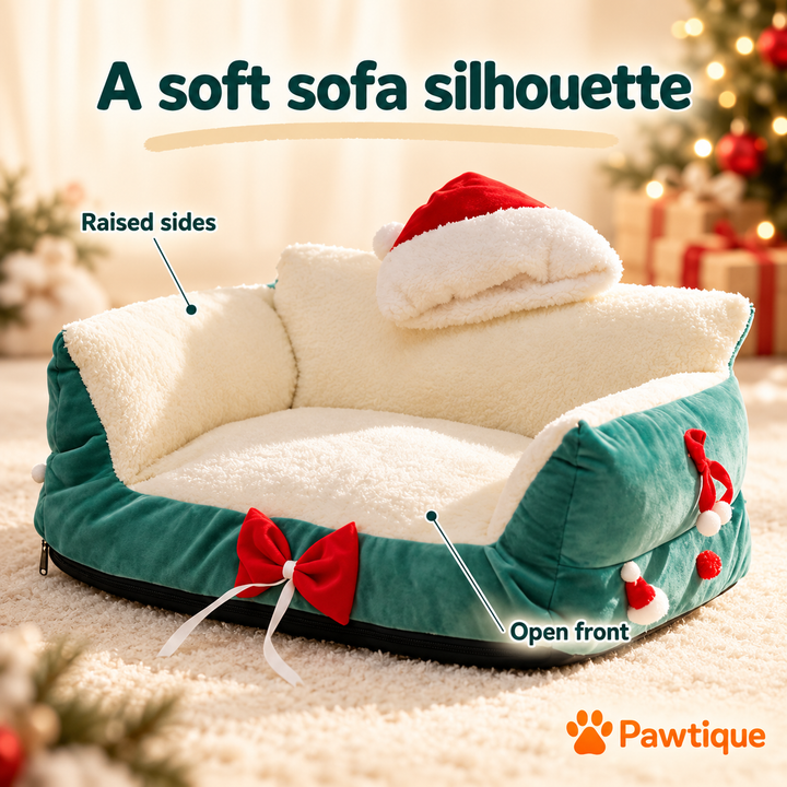 Green Christmas sofa bed showing raised sides and an open front