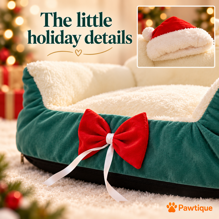 Close-up of the Christmas sofa front bow and plush seat with Santa hat detail