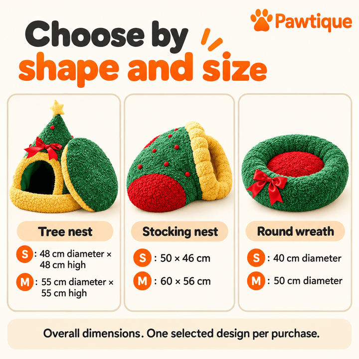 Design-specific overall size guide comparing Tree, Stocking and Round Wreath options in S and M.