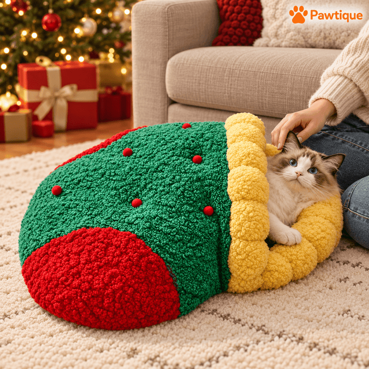 Owner petting a cat at the yellow-trimmed entrance of the stocking-design Christmas nest.