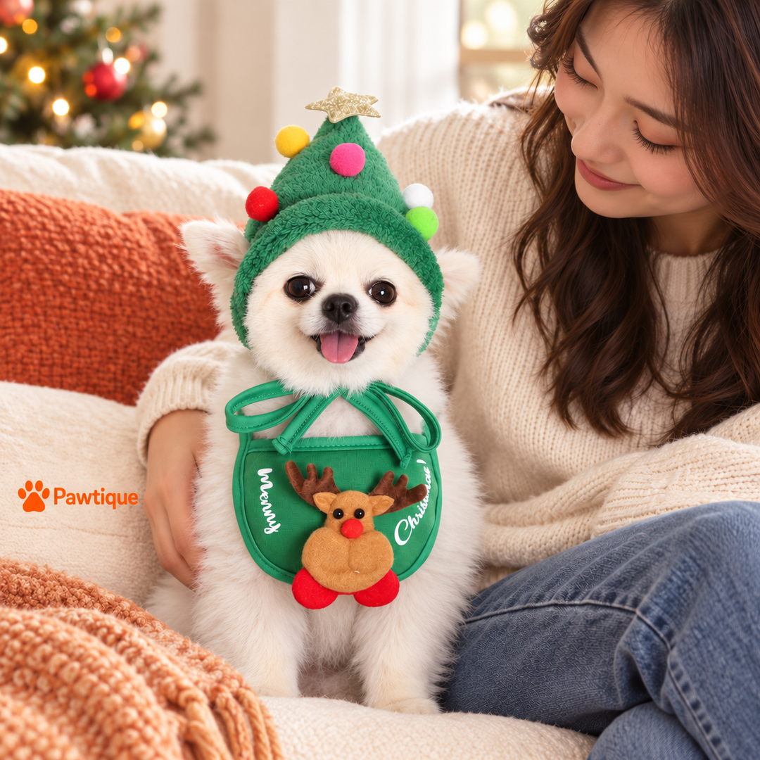 Small white dog wearing the green Christmas tree hat and reindeer bib beside an adult during a supervised holiday portrait