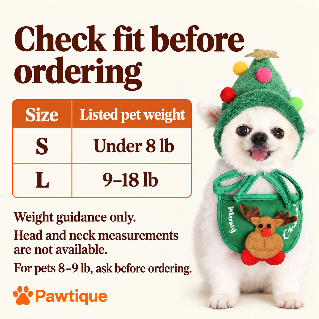 Listed size guidance: S under 8 lb and L 9–18 lb; head and neck measurements unavailable; ask before ordering for pets 8–9 lb