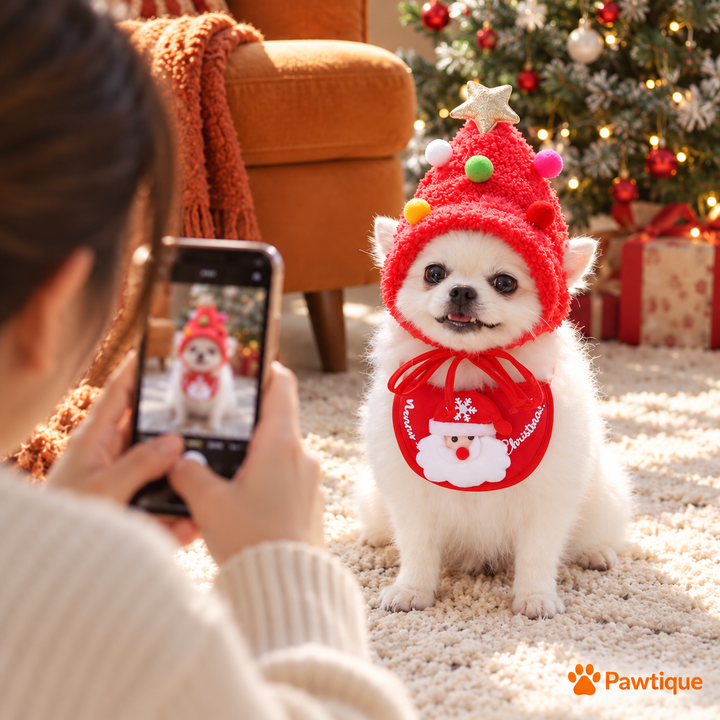 Adult photographing a small white dog in the red Christmas tree hat and Santa bib during a supervised holiday photo session