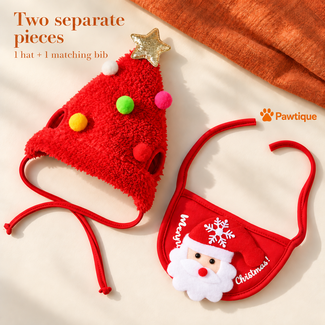 Red Christmas tree hat and separate matching Santa bib with their own fabric ties; one hat and one bib included