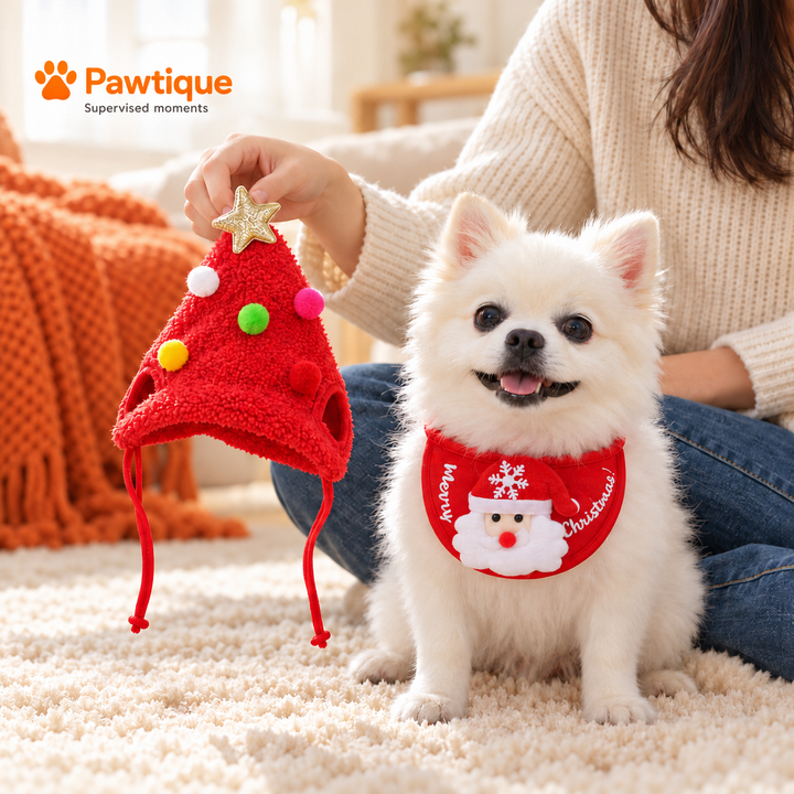 Adult holding the removed red tree hat while a small white dog wears the separate Santa bib after a supervised photo session