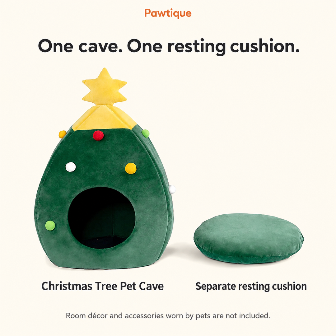 Included components: one green Christmas Tree Pet Cave and one separate resting cushion. Room decor and accessories worn by pets are not included.
