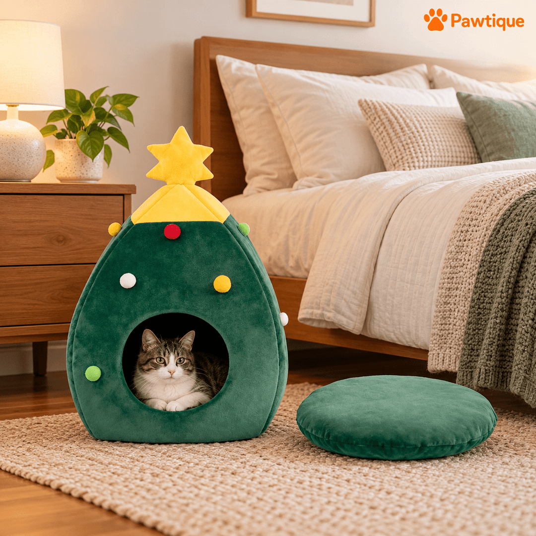 Christmas Tree Pet Cave beside a bed, with a cat inside and its separate green cushion shown alongside.