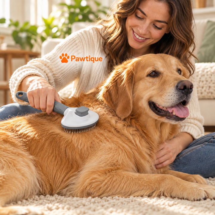 An owner gently brushes a golden retriever with the pin side facing into the coat.