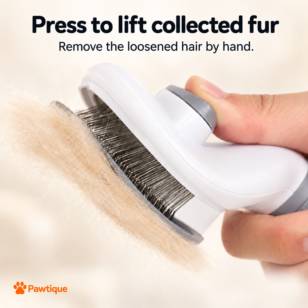 Pressing the rear button moves the connected release plate to lift collected fur for removal by hand.