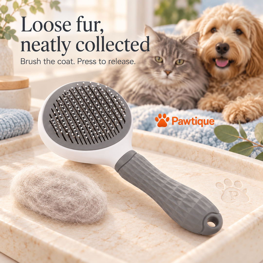 CleanSweep brush beside collected loose fur with a dog and cat in the background.