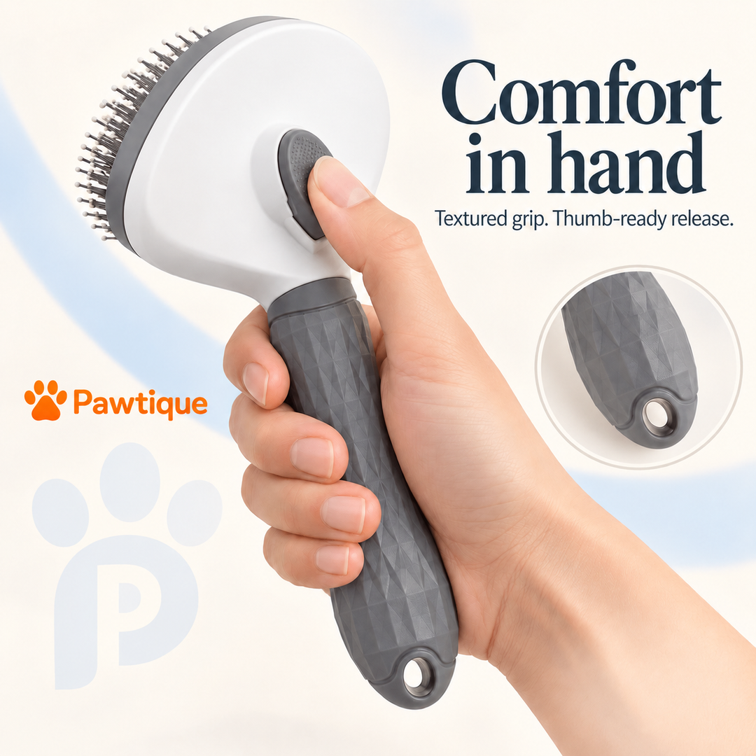 Rear release button, textured gray grip and hanging hole of the CleanSweep brush.