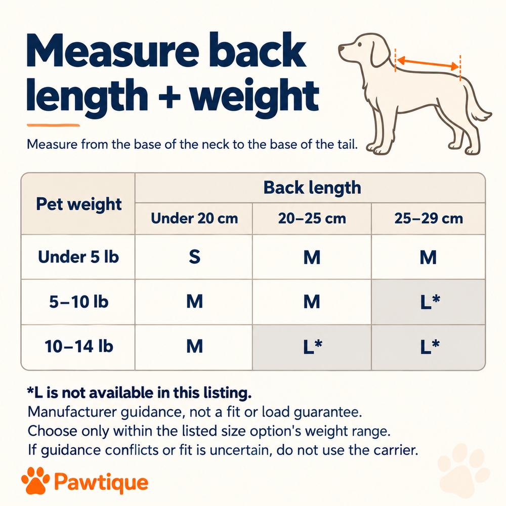 CloseNest manufacturer pet back-length and weight fit matrix for S, M and unavailable L, with fit and weight-range cautions