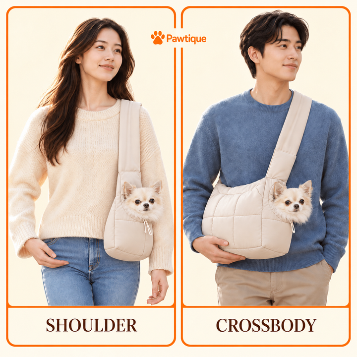 Khaki CloudCarry quilted pet sling shown in shoulder and crossbody carrying positions
