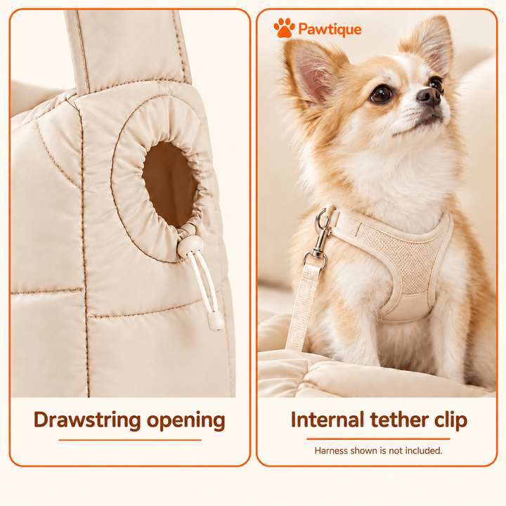 CloudCarry drawstring side opening and internal cream tether with silver clip attached to a separate harness