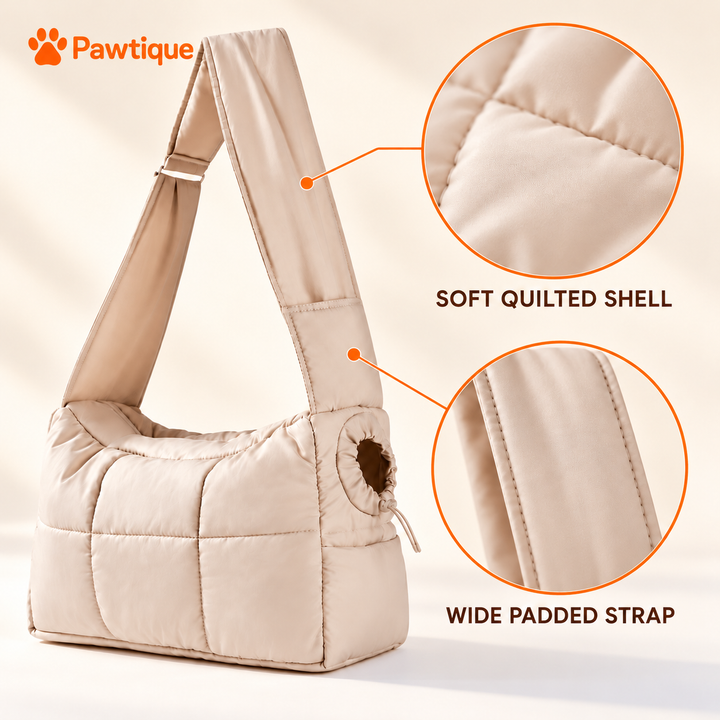 Khaki CloudCarry sling with close views of the quilted shell and wide padded shoulder strap