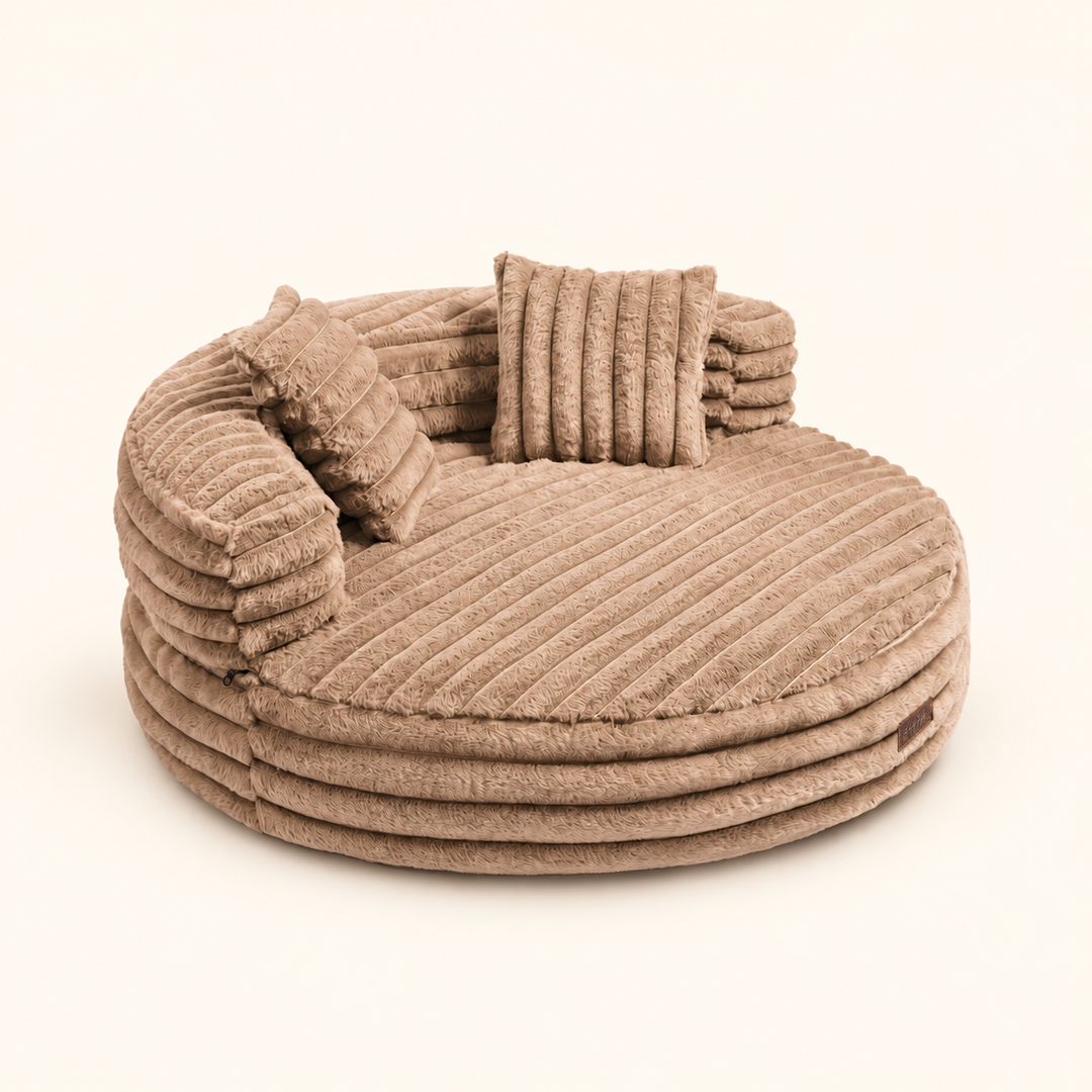 CloudCove round ribbed bolster bed in Khaki with its original sewn front-right label and two matching pillows
