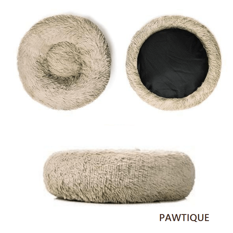 Pawtique CloudNest plush donut pet bed in beige: top, underside, and side view