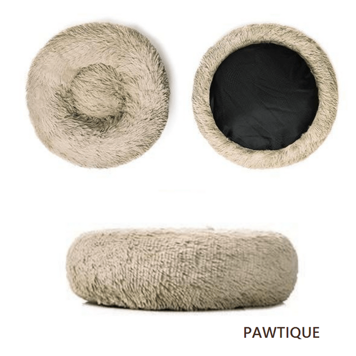 Pawtique CloudNest plush donut pet bed in beige: top, underside, and side view