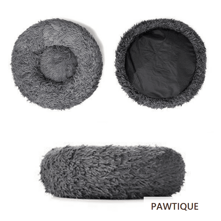 Pawtique CloudNest plush donut pet bed in grey: top, underside, and side view