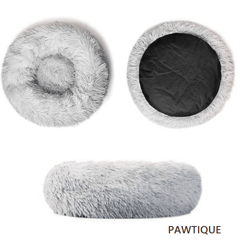 Pawtique CloudNest plush donut pet bed in light grey: top, underside, and side view