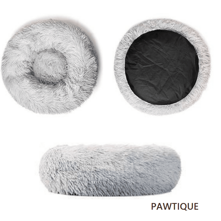 Pawtique CloudNest plush donut pet bed in light grey: top, underside, and side view