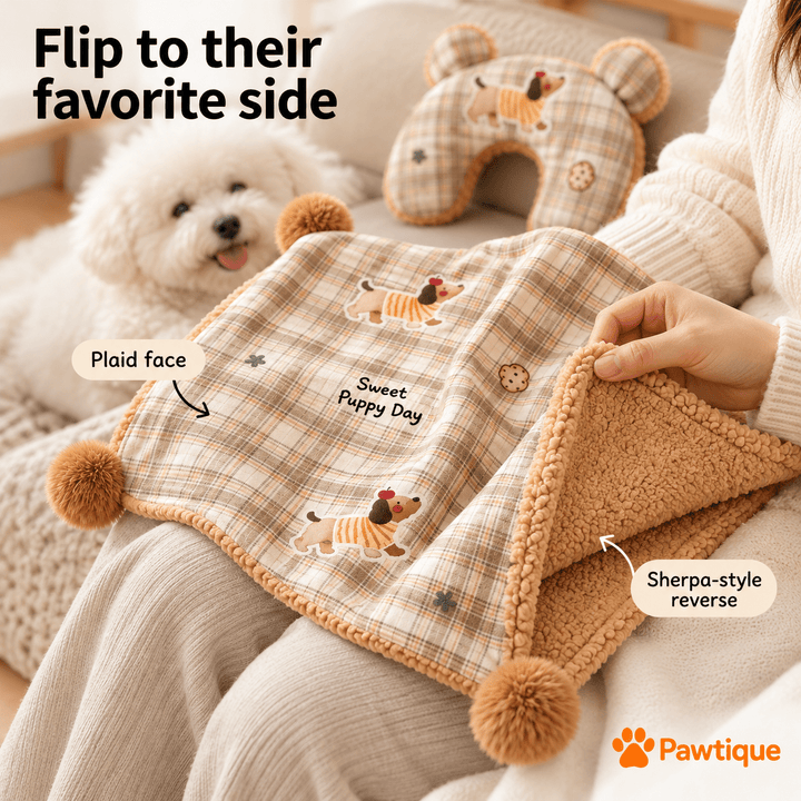CloudNest plaid blanket folded back to show its caramel sherpa-style reverse, with the matching pillow behind it.