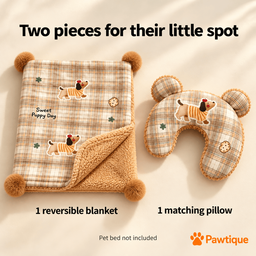 CloudNest two-piece set: one reversible plaid blanket and one matching U-shaped pillow; pet bed not included.