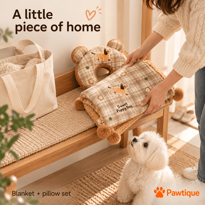 Owner lifting the folded CloudNest blanket beside its pillow and a tote bag, while a small white dog watches.