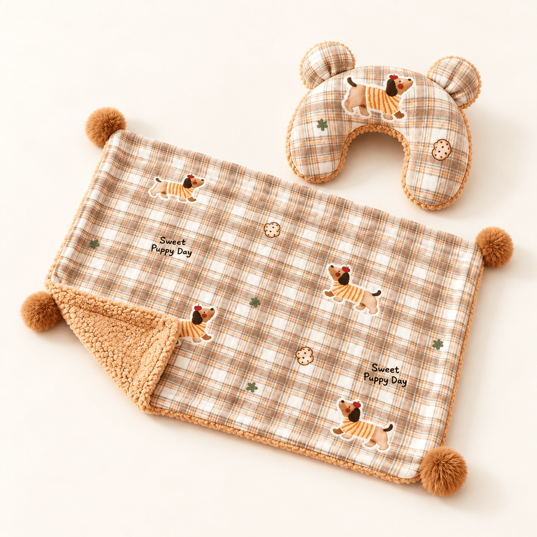 CloudNest plaid pet blanket with a caramel reverse and four corner pom-poms beside its matching U-shaped pillow.