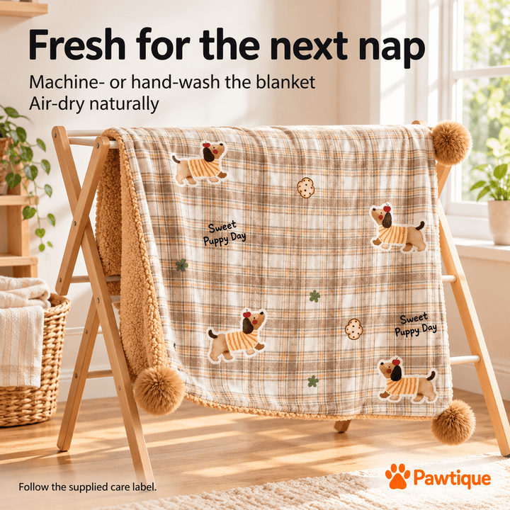 CloudNest blanket hanging on a drying rack; care guide says machine- or hand-wash the blanket and air-dry naturally.