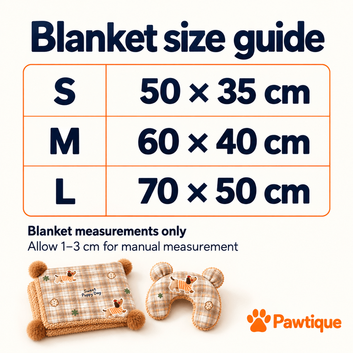 CloudNest blanket size guide: S 50 × 35 cm, M 60 × 40 cm and L 70 × 50 cm; allow 1–3 cm for manual measurement.